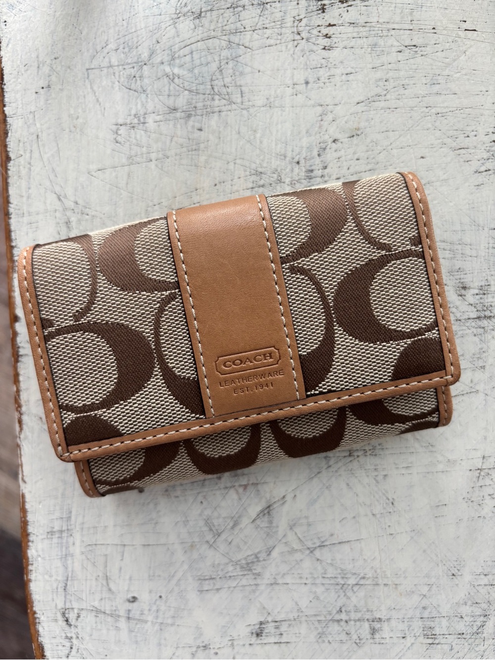 Coach Brown Signature Jacquard and Tan Leather Wallet - Picture 2 of 9